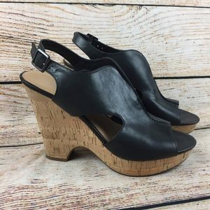 Franco Sarto black leather wedge heels cork 9.5